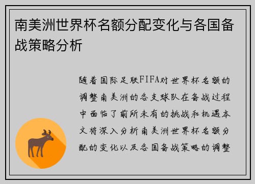 南美洲世界杯名额分配变化与各国备战策略分析